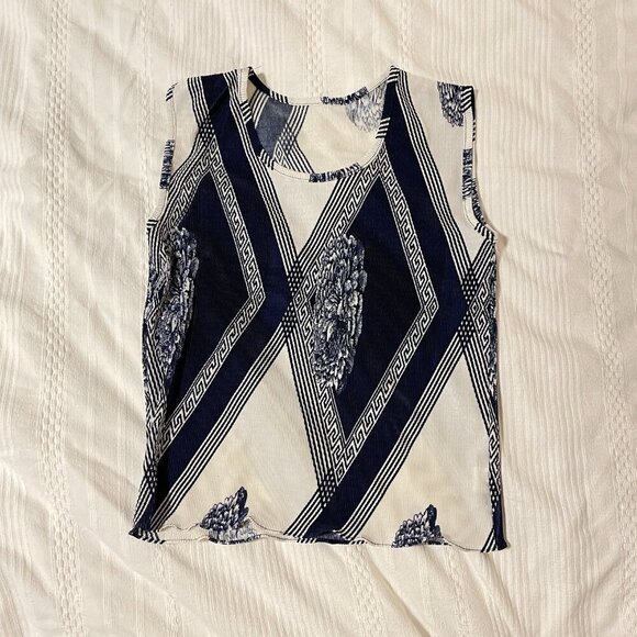 Vintage Ruched Crinkle Sleeveless Print Top Navy White - M - Picture 4 of 10